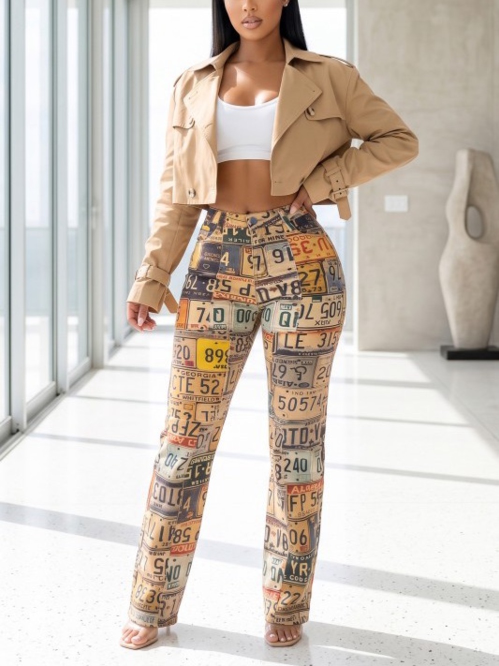 Vintage License Plate Print Straight-Leg Pants - Tan Multicolor P-52189-KHA2